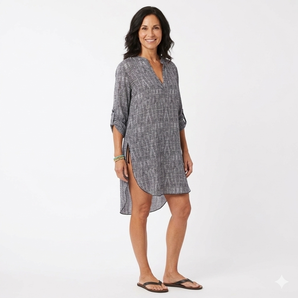 UK2LA Swimsuit Cover Up Size Large Black White Abstract Print V-Neck Beach Tunic